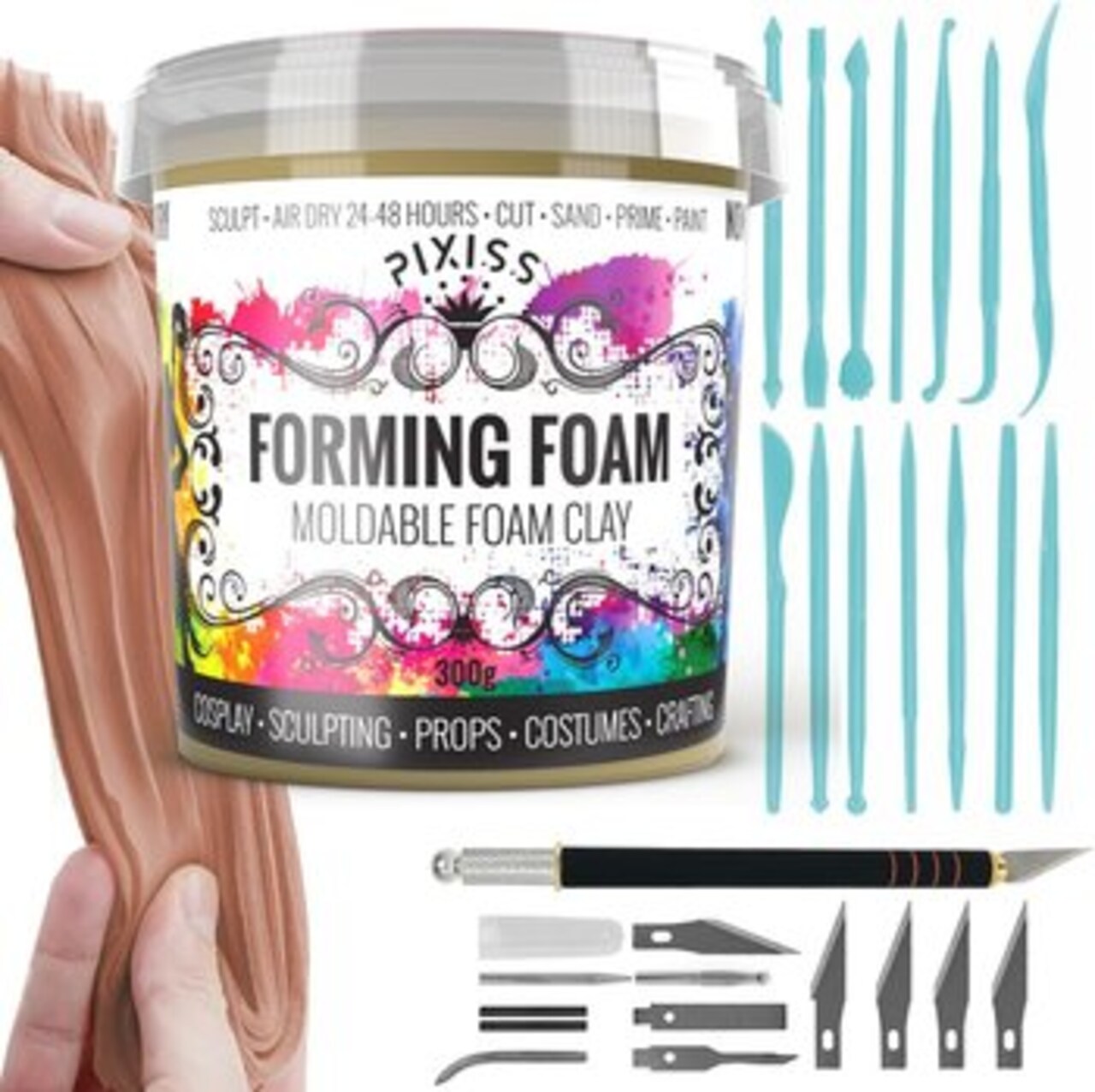 Foam Clay Sculpting Foam for Cosplay (300 Gram Beige), 14 Sculpting Tools, Craft Knife with Extra Blades and Sculpting Points, Soft Air Dry Moldable Sculpting Cosplay Materials